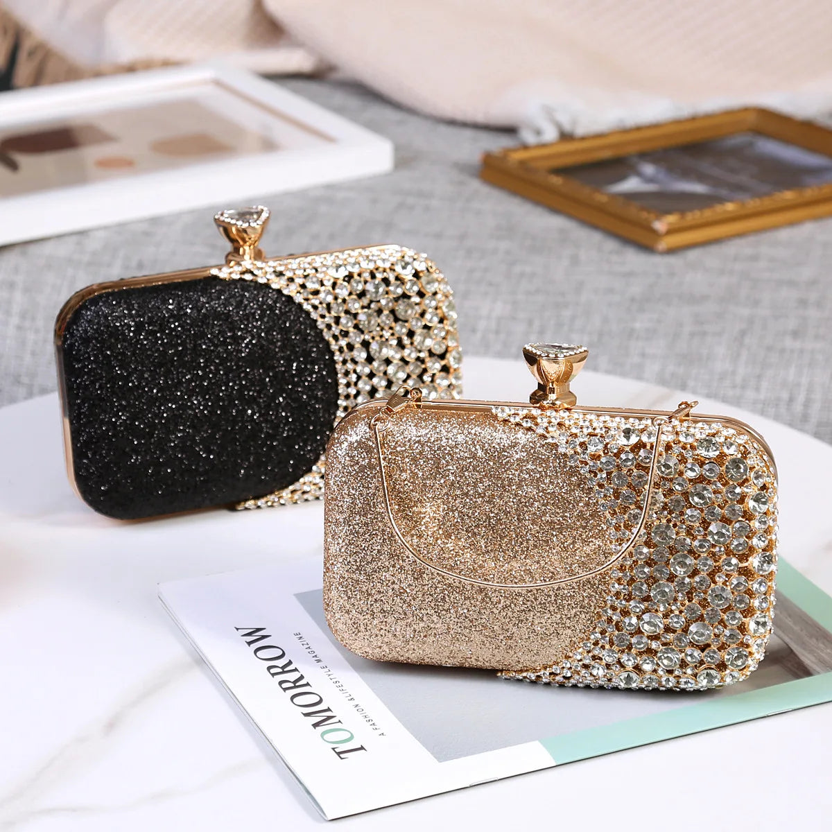 Bolsa feminina cristal strass, estilo oco, bolsa de ombro com corrente, festa de luxo, embreagem do dia do casamento, alça de bolsa