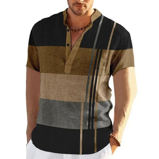 Camisas masculina vintage, bloco de cores listrado, com gola, impressão 3d, henley, botão, manga curta t camisa tops