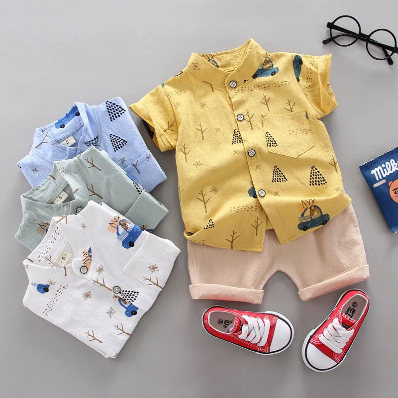 Conjunto de roupas para bebês meninos, 2 peças, casuais, top e shorts, estampas e cores