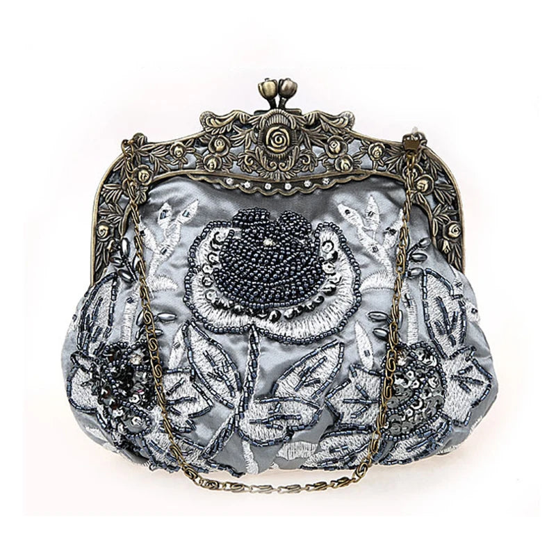 Bolsa Feminina Bordada, VINTAGE, Bolsa de Mão Com Miçangas, Lantejoulas e Diamantes, Bolsa de Noiva