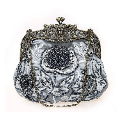 Bolsa Feminina Bordada, VINTAGE, Bolsa de Mão Com Miçangas, Lantejoulas e Diamantes, Bolsa de Noiva