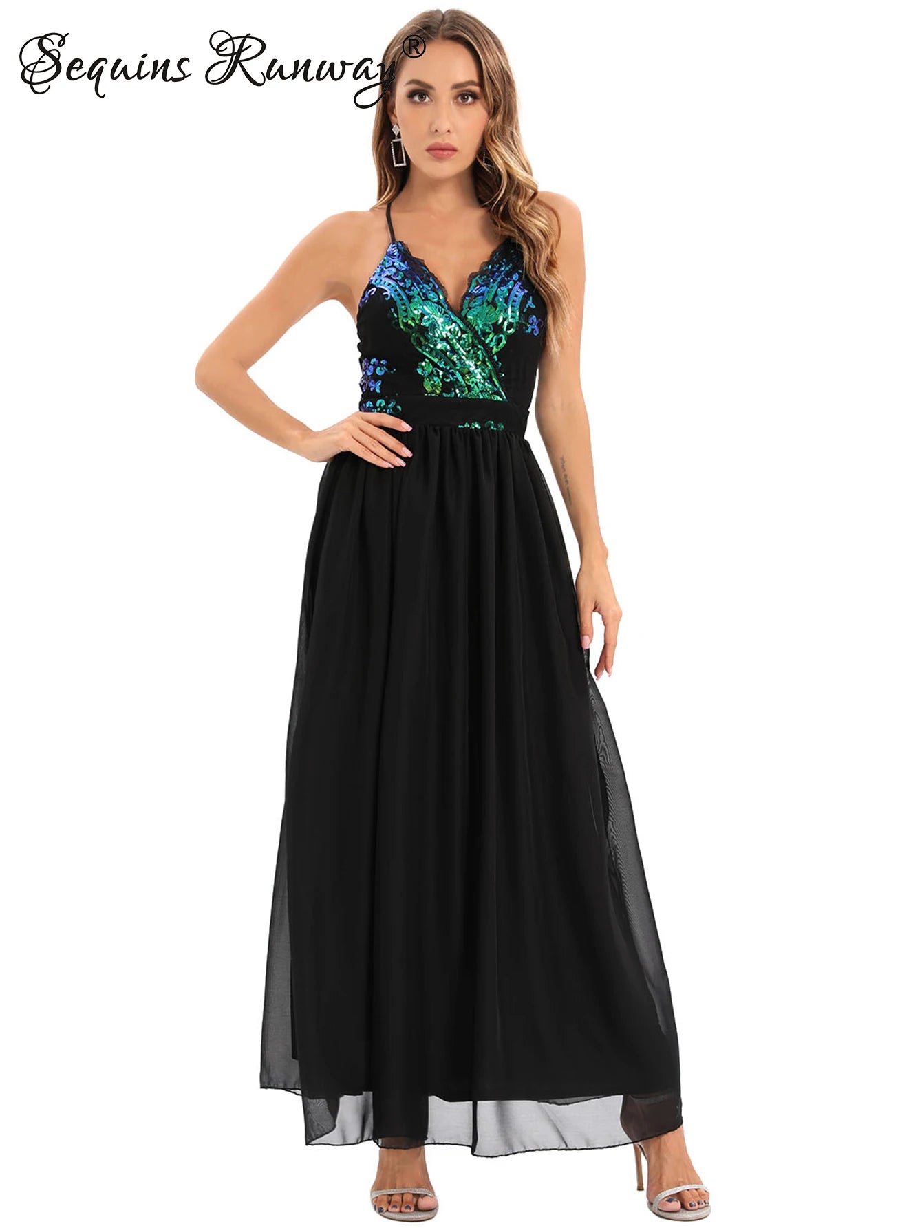 Vestido feminino, longo, maxi com lantejoulas, vestido para ocasiões festivas