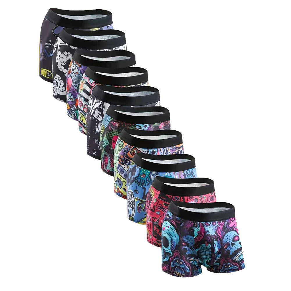 Conjunto de 10 peças de shorts boxer personalizados masculinos com estampa de graffiti, roupas íntimas esportivas e confortáveis