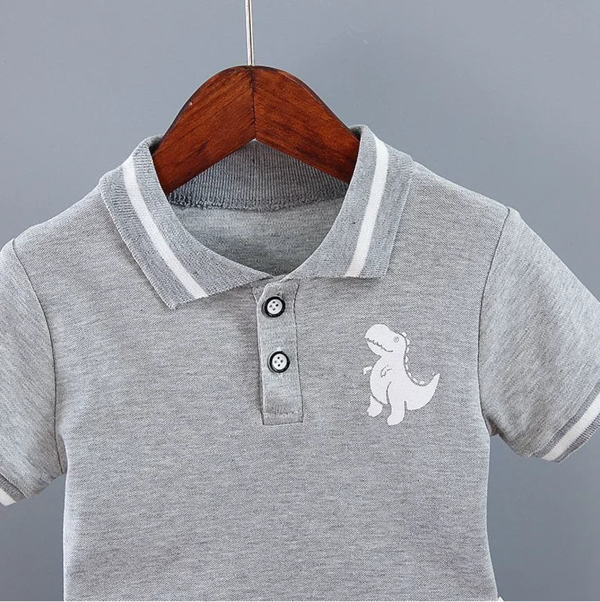 Conjunto infantil bebê menino, roupas de verão, casual, esporte, terno camisa polo + shorts 2 pçs, dinossauro impressão