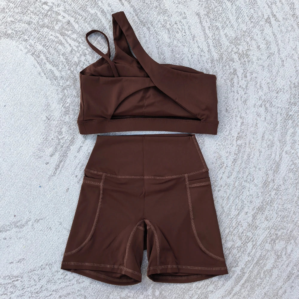 Conjunto feminino sexy, 2 pçs, sutiã esportivo e shorts com bolso, cintura alta, esportes, yoga, treino, sporstwear