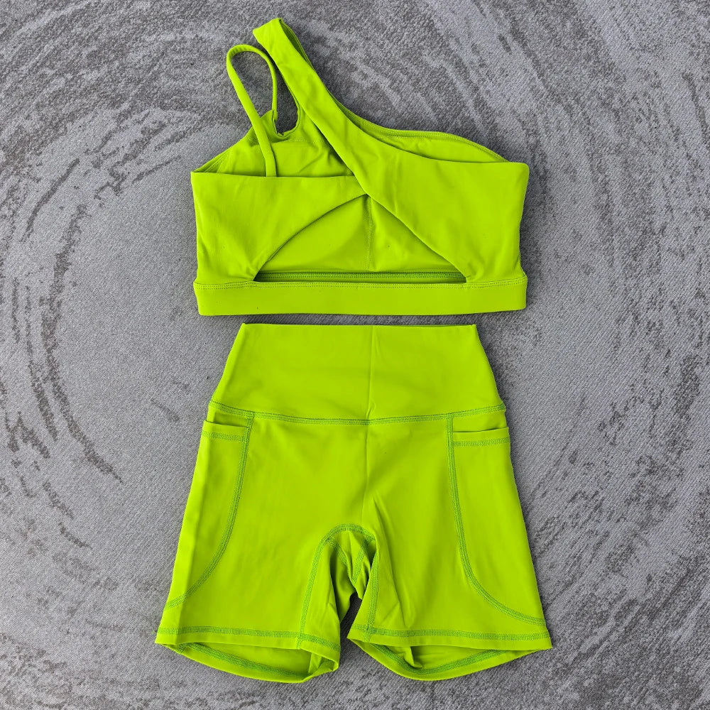 Conjunto feminino sexy, 2 pçs, sutiã esportivo e shorts com bolso, cintura alta, esportes, yoga, treino, sporstwear