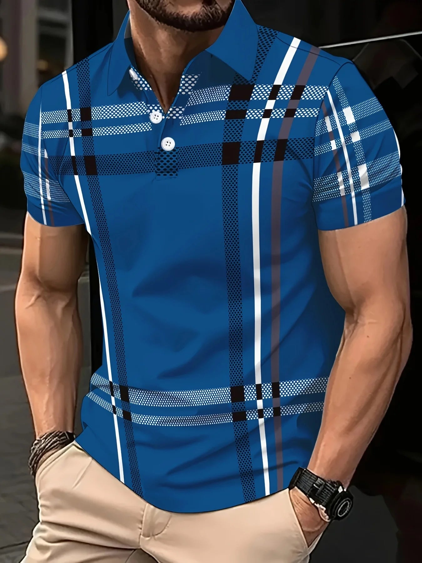 Camisa masculina esportiva listrada, de verão, moda manga curta, camisa polo com gola, casual, tops streetwear