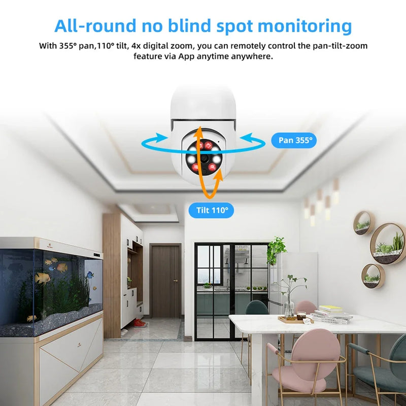 Câmera de vigilância Wi-Fi Rastreamento humano automático Zoom digital 4X Monitor de segurança interna com visão noturna em cores E27 Bulb 3MP