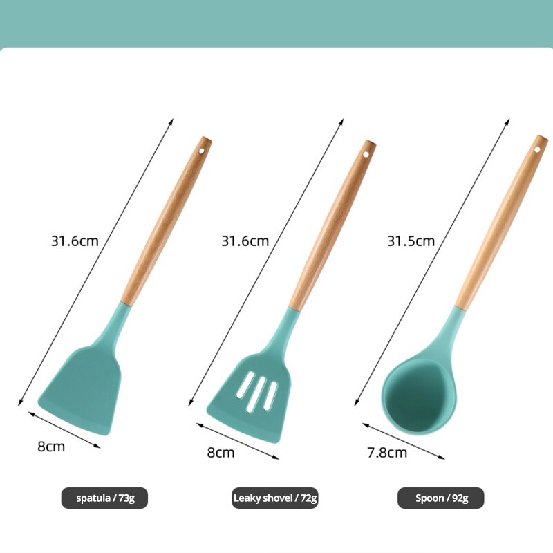 Utensílios de cozinha de silicone com cabo de madeira 12 peças com balde de armazenamento resistente a altas temperaturas e panela antiaderente espátula e colher O Badalo do sino