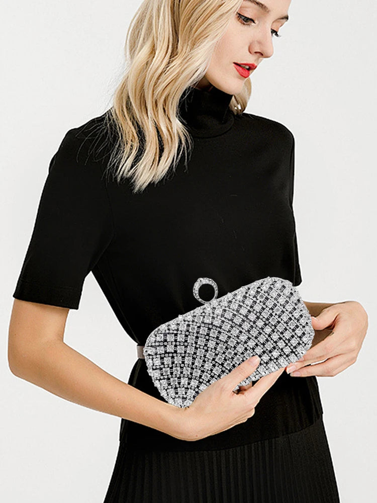 Bolsa feminina pequena quadrada de strass e corrente tendência luxo designer