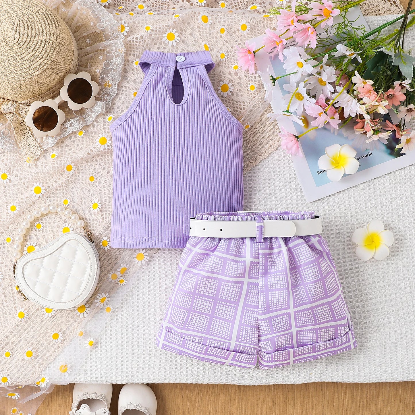 Conjunto infantil Estilo para meninas 1-4 anos de idade, 3 peças, confortável, doce pit strip colete + shorts com padrão impresso