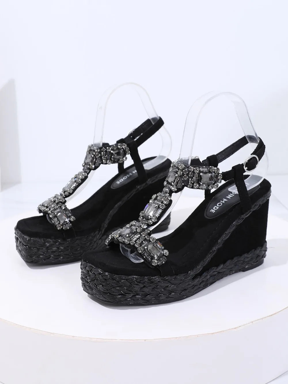 Sandálias femininas de cunha alta de veludo Trendin Mode com salto de 10 cm