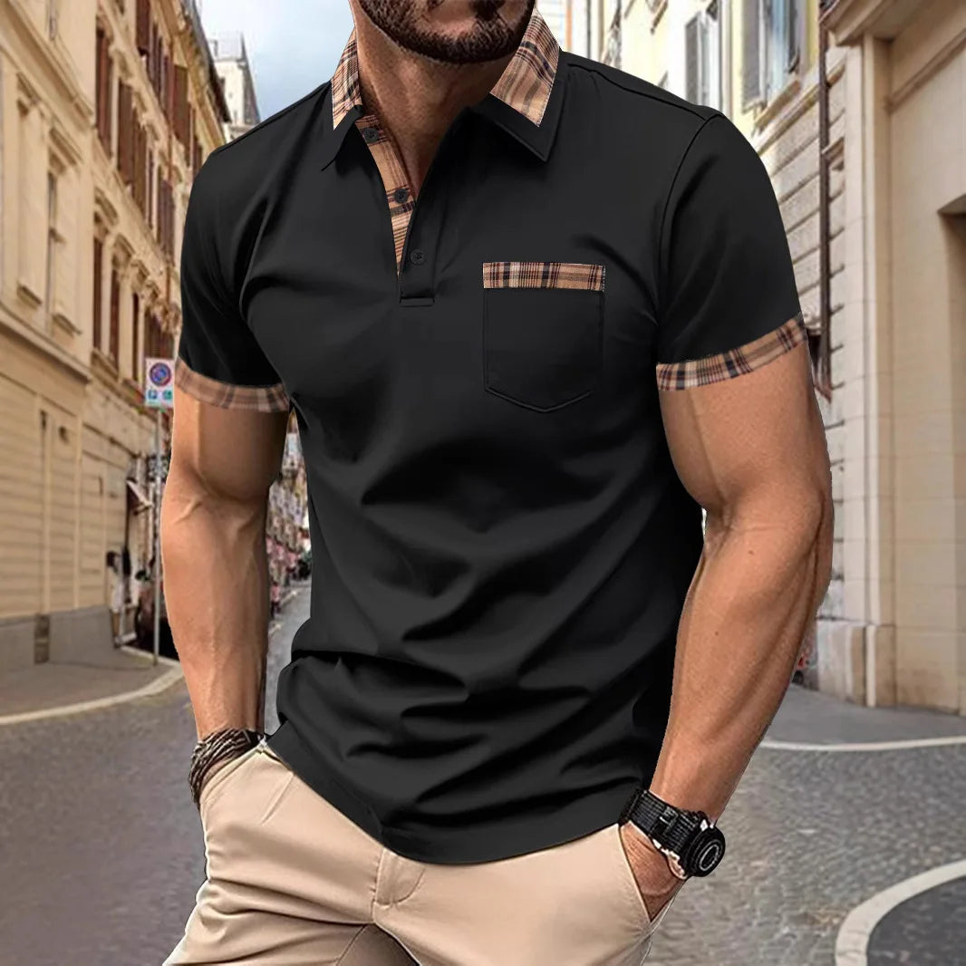 Camisa polo masculina, top esportiva, casual, confortável, de verão, manga curta, com retalhos, de cor sólida, e bolsos falsos