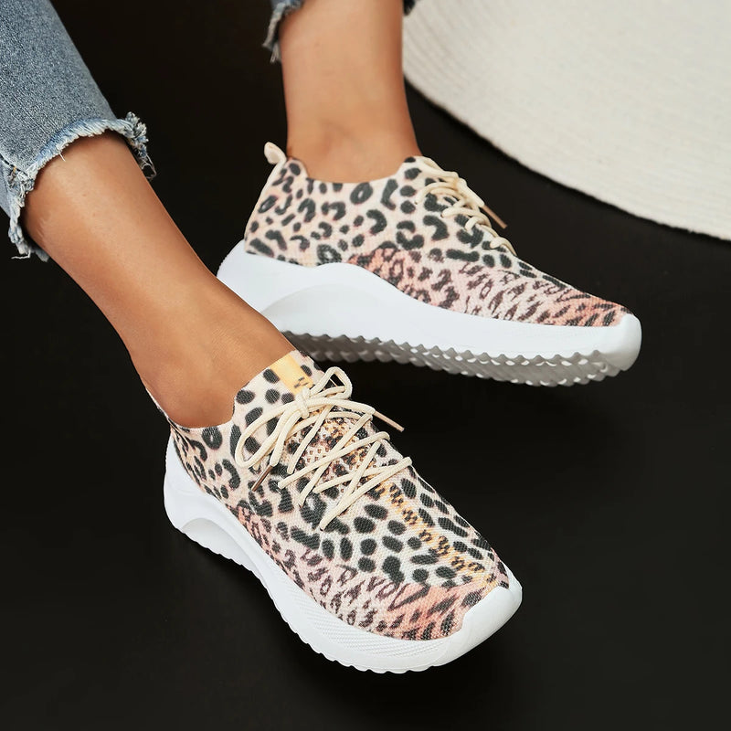 Tênis de malha feminino moda leopardo outono 2023 confortável deslizamento em fundo macio sapatos casuais mulher plataforma apartamentos tênis