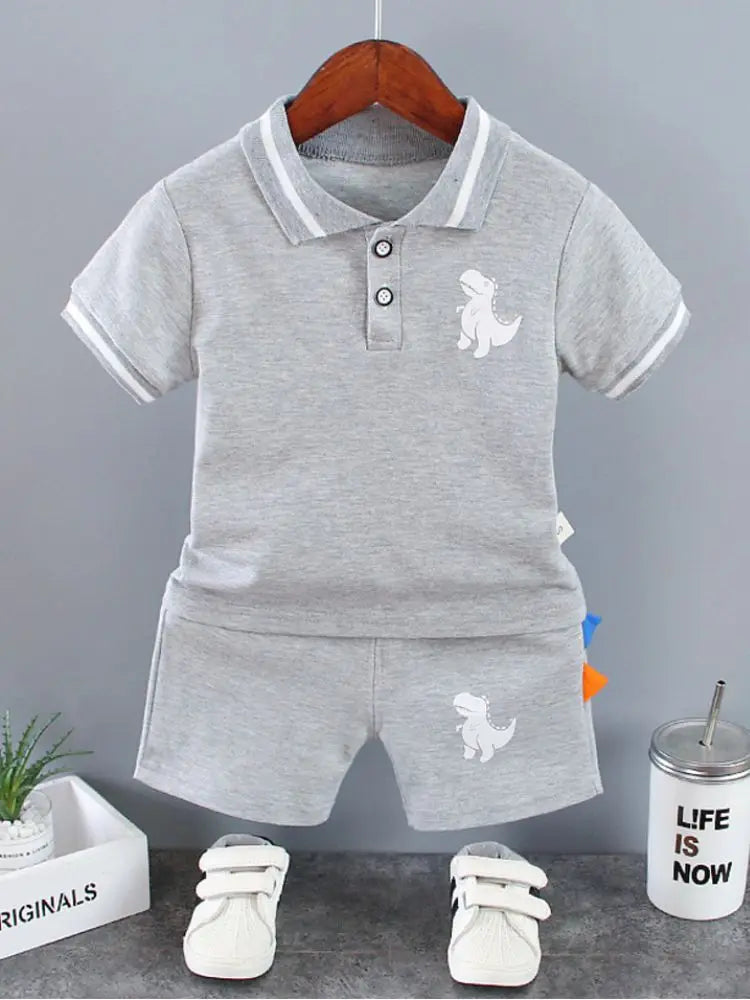 Conjunto infantil bebê menino, roupas de verão, casual, esporte, terno camisa polo + shorts 2 pçs, dinossauro impressão