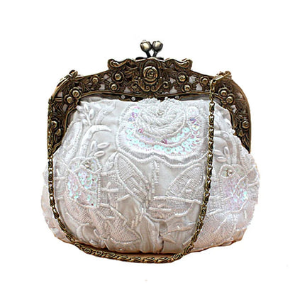 Bolsa Feminina Bordada, VINTAGE, Bolsa de Mão Com Miçangas, Lantejoulas e Diamantes, Bolsa de Noiva