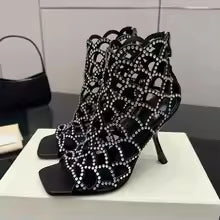 Sandálias feminina de salto agulha com bico quadrado e recortes, de cristal, salto alto da moda verão, botas estilosas