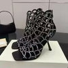 Sandálias feminina de salto agulha com bico quadrado e recortes, de cristal, salto alto da moda verão, botas estilosas