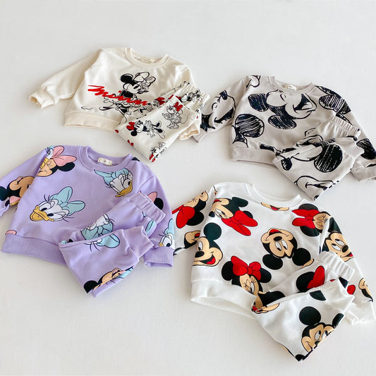 Conjunto infantil de menina, 2 peças, impressão dos desenhos animados, minnie, manga longa, moletom + calças