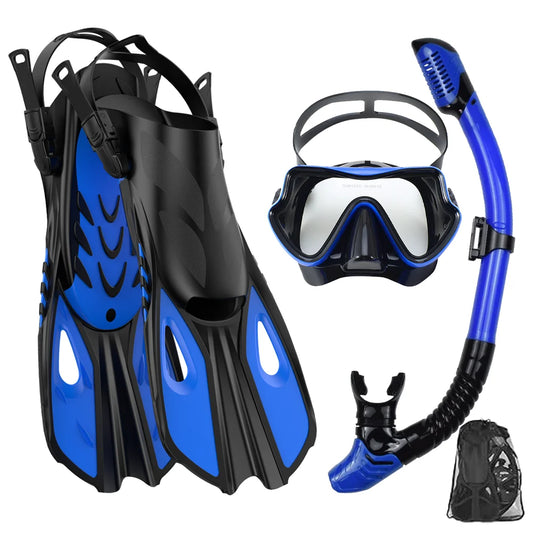 Conjunto snorkel, máscara fin para adulto, vista panorâmica, máscara ajustável, mergulho flipper seco superior, snorkel com saco de viagem