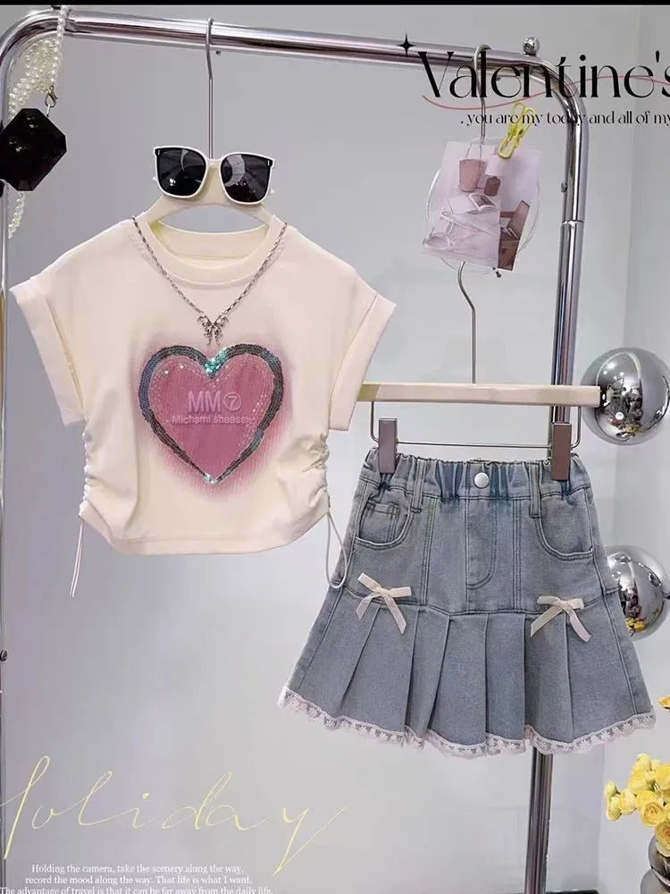 Conjunto infantil de 2 peças para meninas,  saia plissada e camiseta de manga curta com estampa