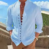 Camisa masculina de algodão e linho para primavera e outono, com mangas compridas, cor sólida, fechamento por botões, estilo casual