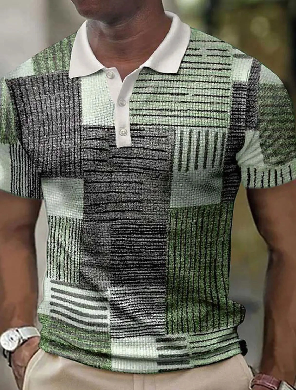Camisa polo masculina, camisa de golfe, cor padrão bloco impressão, punho geométrico, design manga curta, casual, respirável