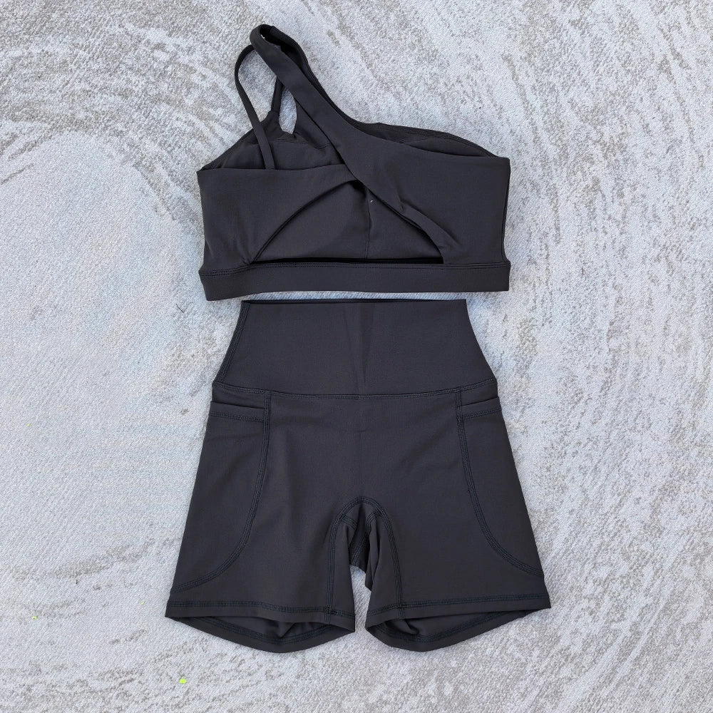 Conjunto feminino sexy, 2 pçs, sutiã esportivo e shorts com bolso, cintura alta, esportes, yoga, treino, sporstwear