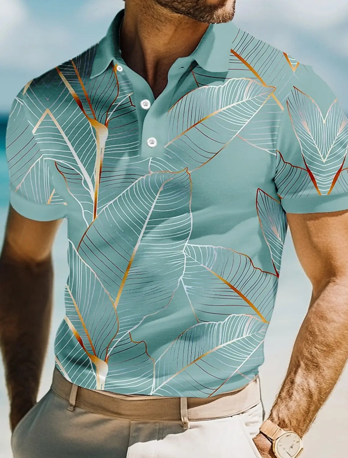 Camisa polo masculina com estampa 3D de folhas, manga curta, camisas com gola, resort casual, escola, uso diário ao ar livre, roupa de férias