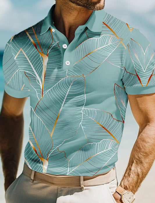 Camisa polo masculina com estampa 3D de folhas, manga curta, camisas com gola, resort casual, escola, uso diário ao ar livre, roupa de férias