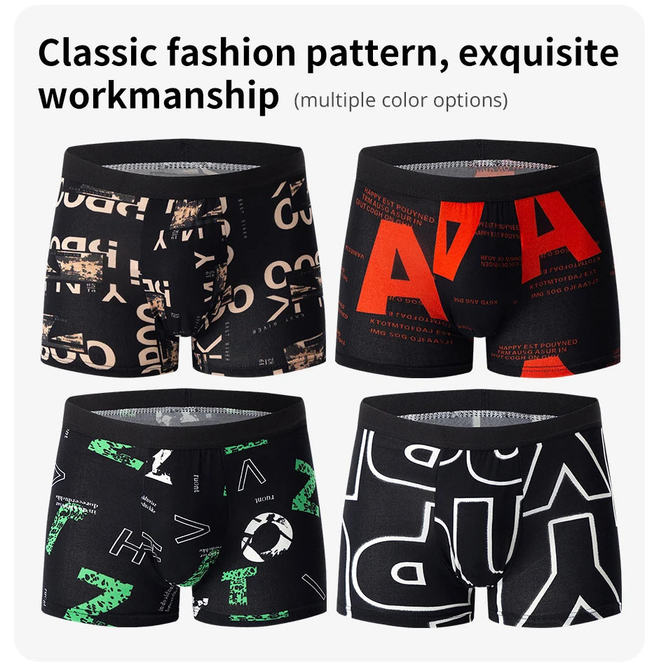 Conjunto de 4 peças de roupa íntima masculina com estampa de letras em inglês, respirável, elegante, confortável, plus size, boxer adolescente