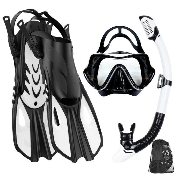 Conjunto snorkel, máscara fin para adulto, vista panorâmica, máscara ajustável, mergulho flipper seco superior, snorkel com saco de viagem