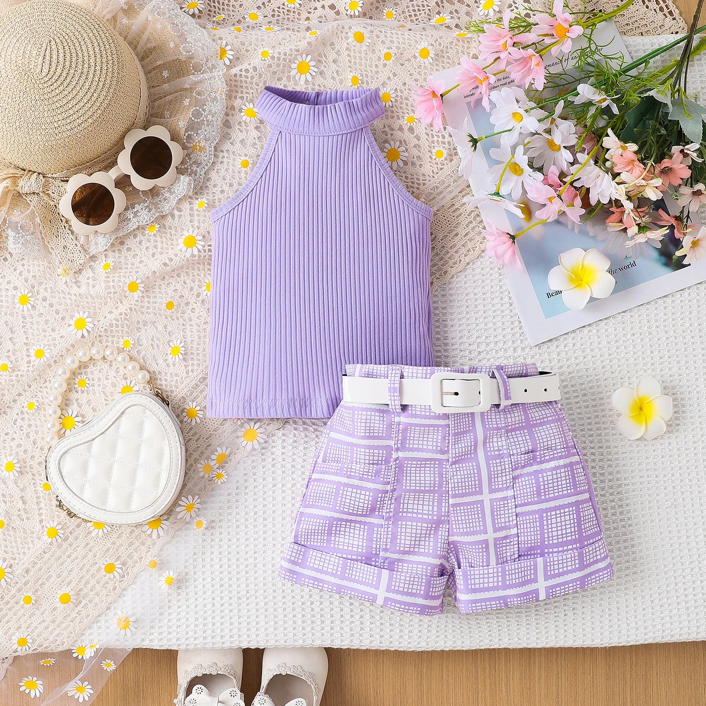 Conjunto infantil Estilo para meninas 1-4 anos de idade, 3 peças, confortável, doce pit strip colete + shorts com padrão impresso