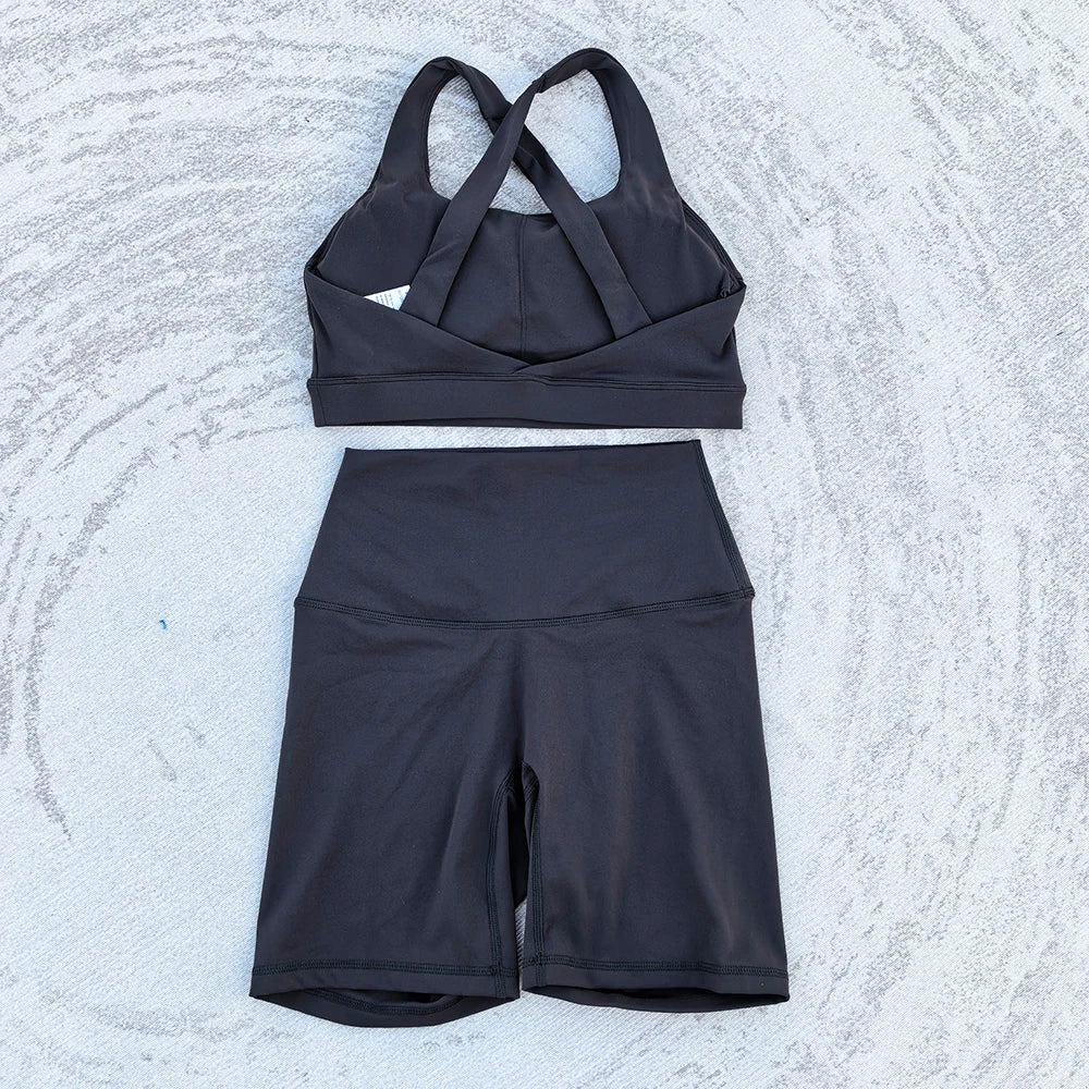 Conjunto feminino de yoga, 2 pçs, esporte, terno,sutiã e shorts, cintura alta, fitness