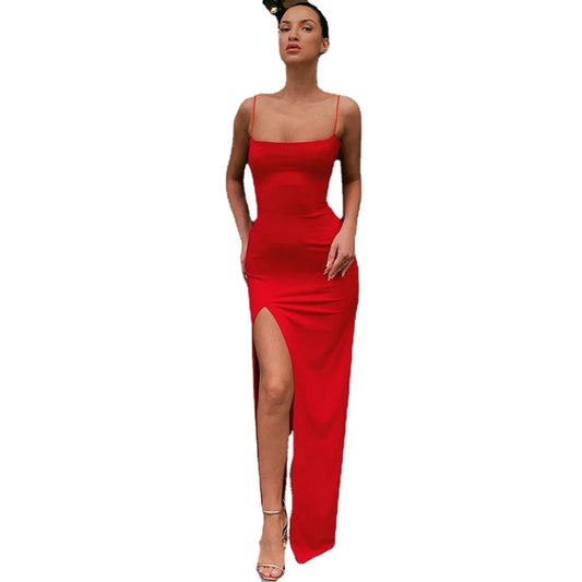 Vestido longo feminino, elegante, modelo básico bodycon com amarração e tecido elástico