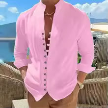 Camisa masculina de algodão e linho para primavera e outono, com mangas compridas, cor sólida, fechamento por botões, estilo casual
