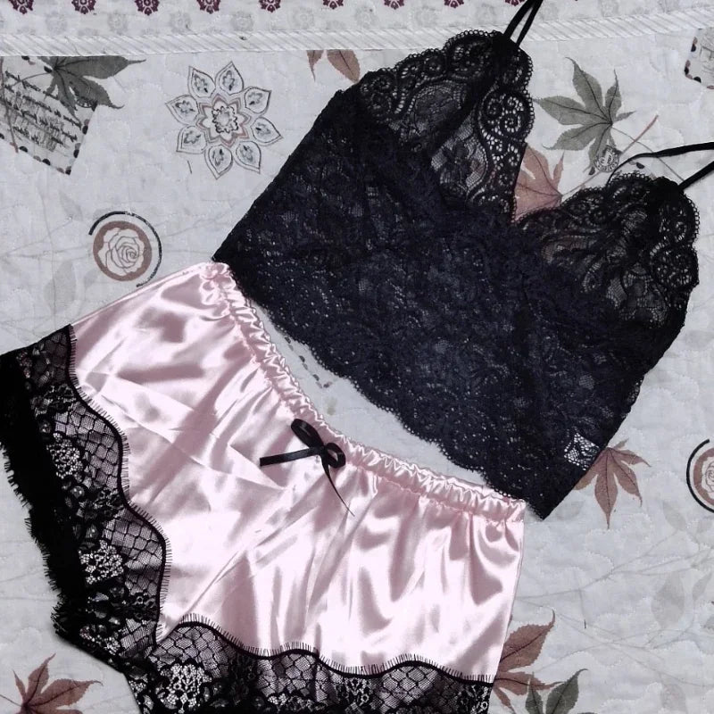 Conjunto de pijama feminino de seda, tops e shorts, lingerie, de renda, casuais, 2 peças