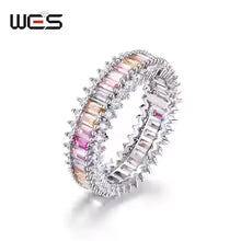 Anel feminino de prata esterlina 925, com zircônia cúbica e arco-íris, joias de casamento com pedras preciosas de cristal geométrico