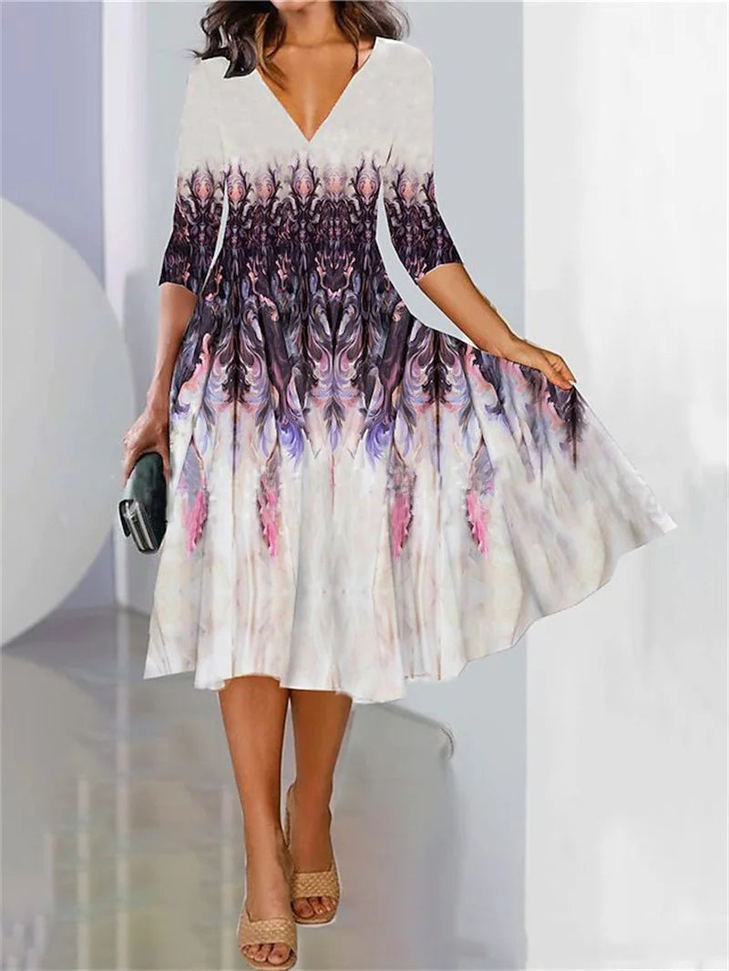 Elegante vestido feminino, manga de três quartos, casual, de chiffon, com decote em v, primavera outono