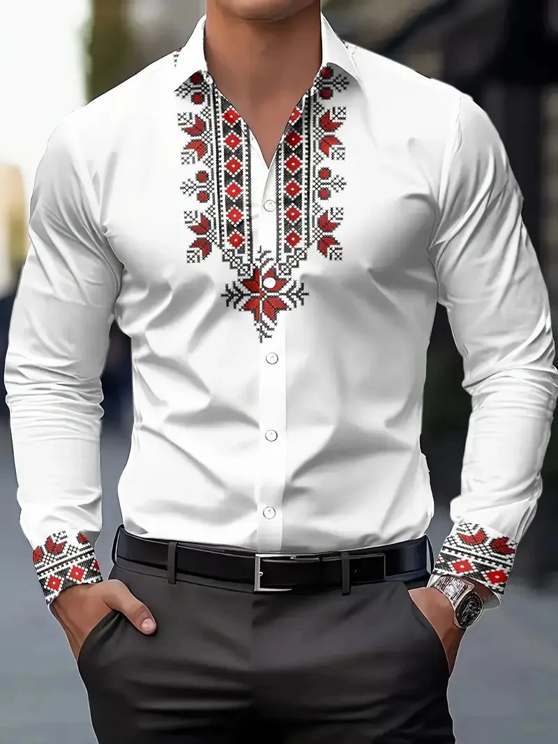 Camisa masculina, manga longa, casual, 3d, flor impressa, casual, primavera outono, manga longa aba top