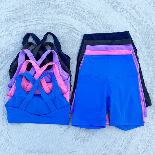 Conjunto feminino de yoga, 2 pçs, esporte, terno,sutiã e shorts, cintura alta, fitness