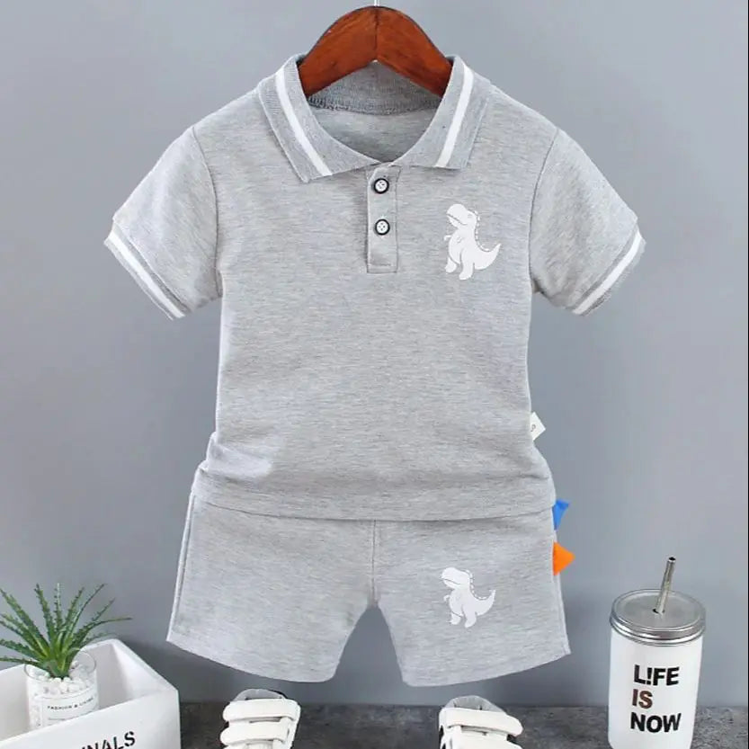 Conjunto infantil bebê menino, roupas de verão, casual, esporte, terno camisa polo + shorts 2 pçs, dinossauro impressão