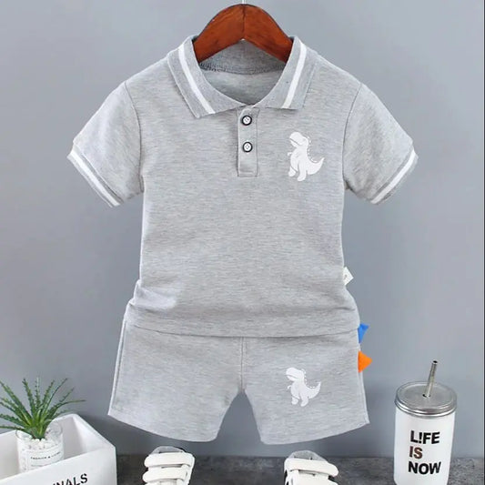 Conjunto infantil bebê menino, roupas de verão, casual, esporte, terno camisa polo + shorts 2 pçs, dinossauro impressão