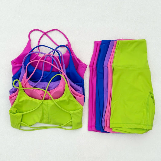 Conjunto feminino de yoga, ternos esportivos de fitness, shorts e tops, sem costura