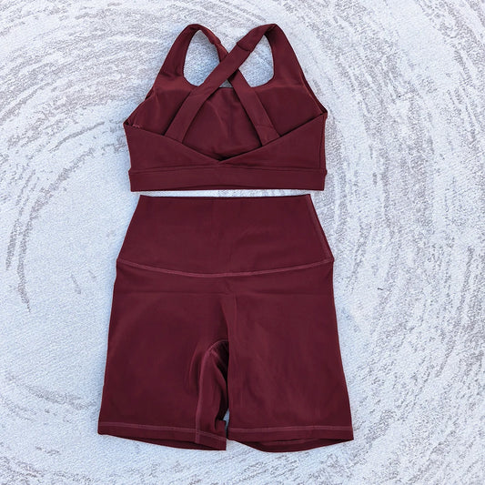 Conjunto feminino de yoga, 2 pçs, esporte, terno,sutiã e shorts, cintura alta, fitness