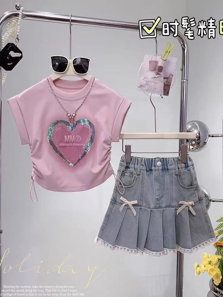 Conjunto infantil de 2 peças para meninas,  saia plissada e camiseta de manga curta com estampa