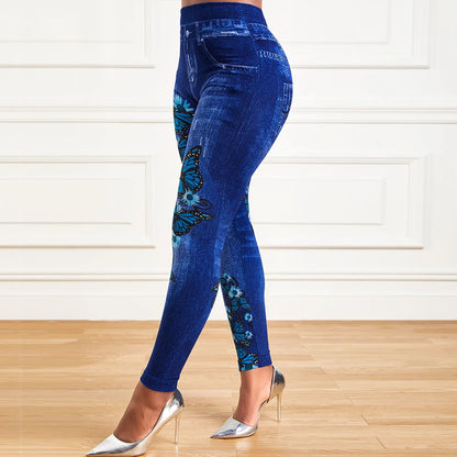 Calças de grandes dimensões femininas cintura alta elástico legging denim olhar magro jeggings senhoras moda impressão lápis