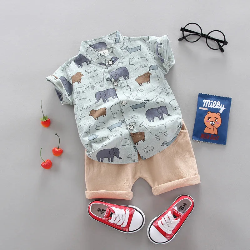 Conjunto de roupas para bebês meninos, 2 peças, casuais, top e shorts, estampas e cores