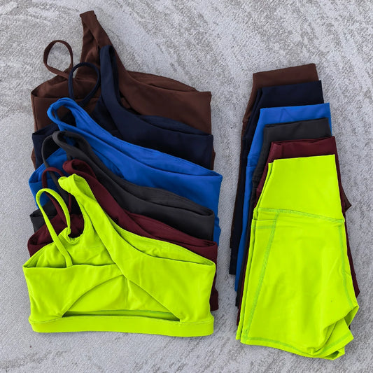 Conjunto feminino sexy, 2 pçs, sutiã esportivo e shorts com bolso, cintura alta, esportes, yoga, treino, sporstwear
