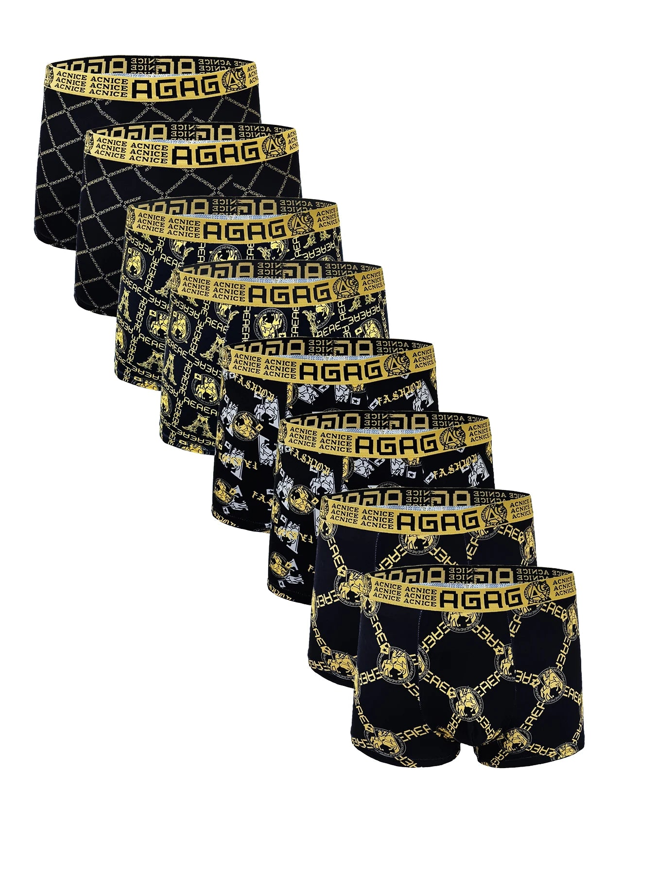 Cuecas boxer masculinas de poliéster com 8 unidades – cintura com logotipo "AGAG" e "ACNICE", conjunto de roupas íntimas com estampa artística